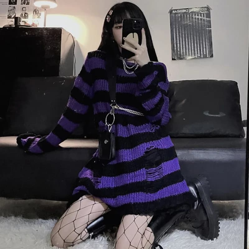 Karrram – pull Lolita gothique à rayures violettes, Style Punk, Harajuku japonais, ajouré, tricoté, 