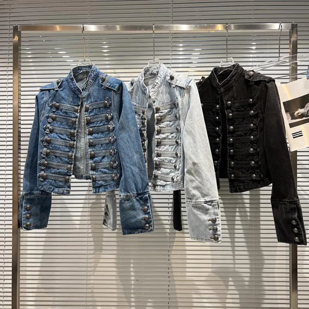 Veste délavée à boutons en métal côtelé mince pour femmes, haut en denim, style court, vêtements d'e