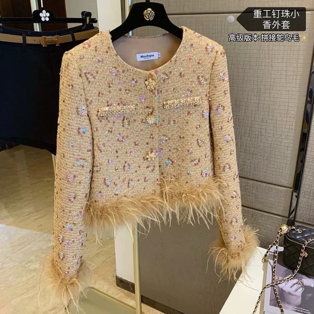 Doudoune épaisse à paillettes, petite veste parfumée, épissage de cheveux d'autruche, haut Noble de 
