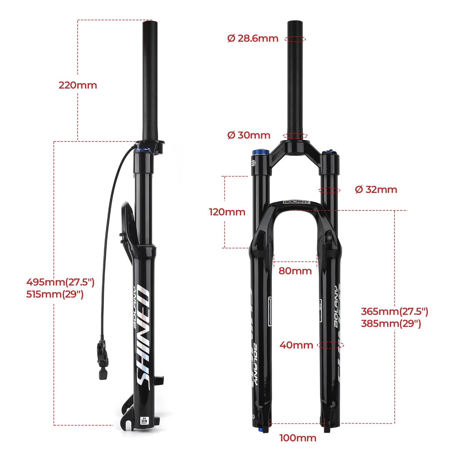 BOLANY fourche à Air de vélo 26/27, 5/29 pouces fourche à Suspension à Tube droit rebond réglable 9x