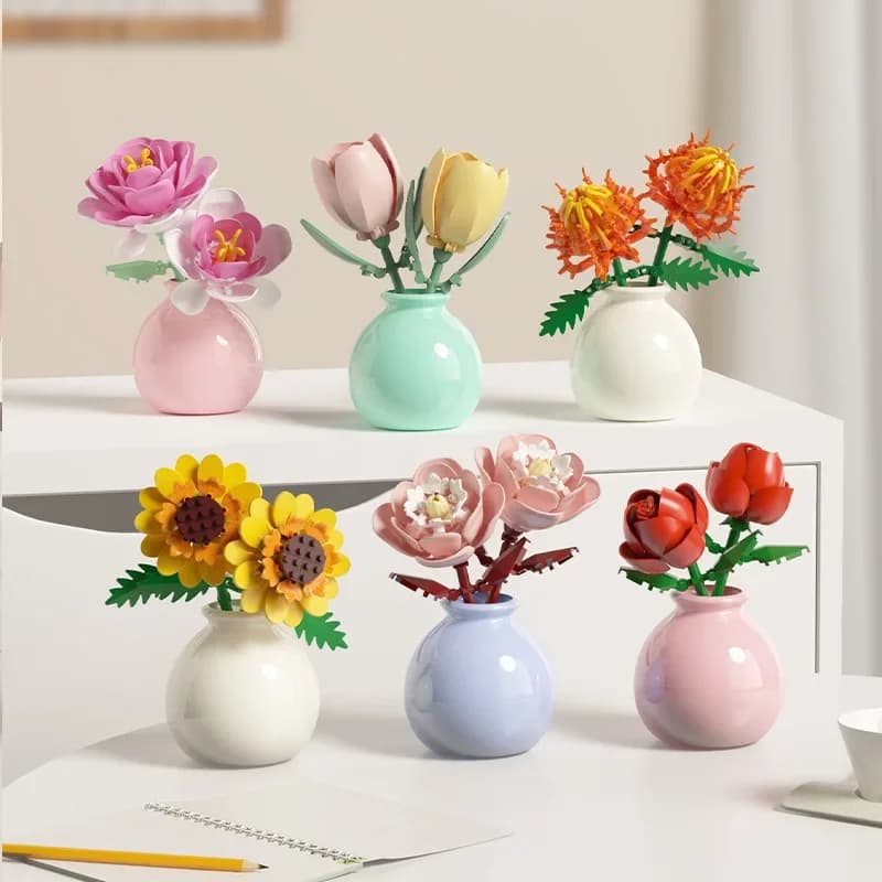Blocs de construction pot plante bouquet de fleurs, roses, blocs de construction de lys, jouets avec