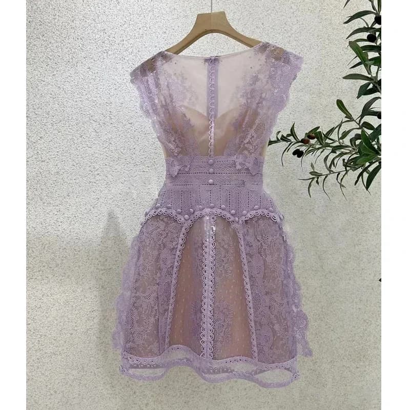 Robe de Luxe en Dentelle Violette pour Femme, Tenue Vintage Brodée de Fleurs, Col Rond, Élégante, Ta