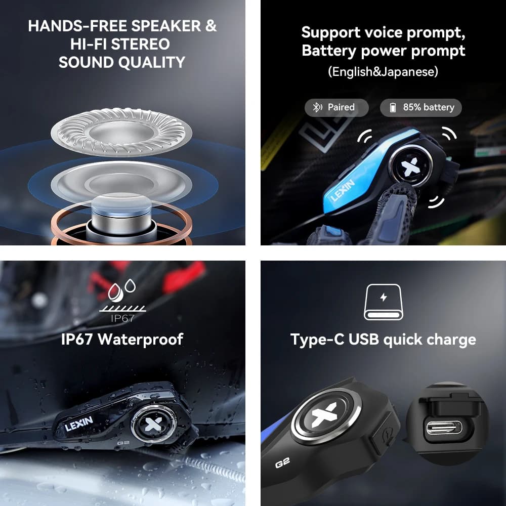 Lexin G2P moto Blutooth Interphone casque casques Bluetooth, communicateur mains libres jusqu'à 6 co