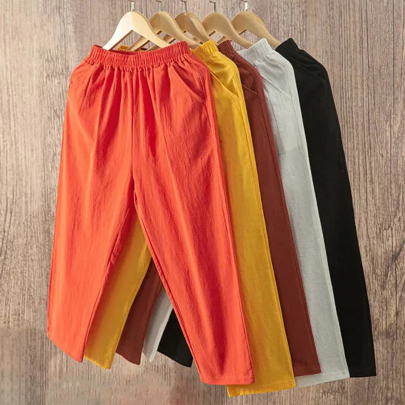 Lucyever-Pantalon décontracté en coton et lin pour femme, taille élastique, couleur unie, collection