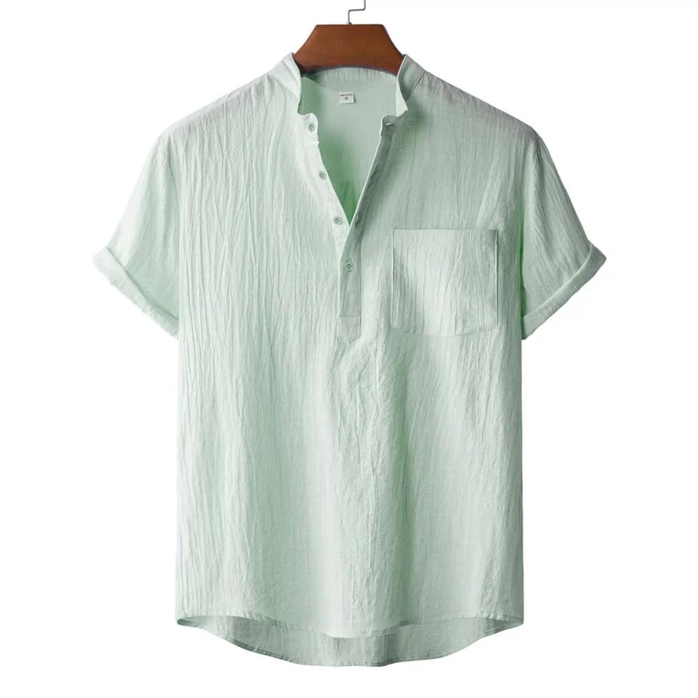 T-shirt d'été en coton et lin pour hommes, Style plage, manches courtes, col Henley, vacances hawaïe
