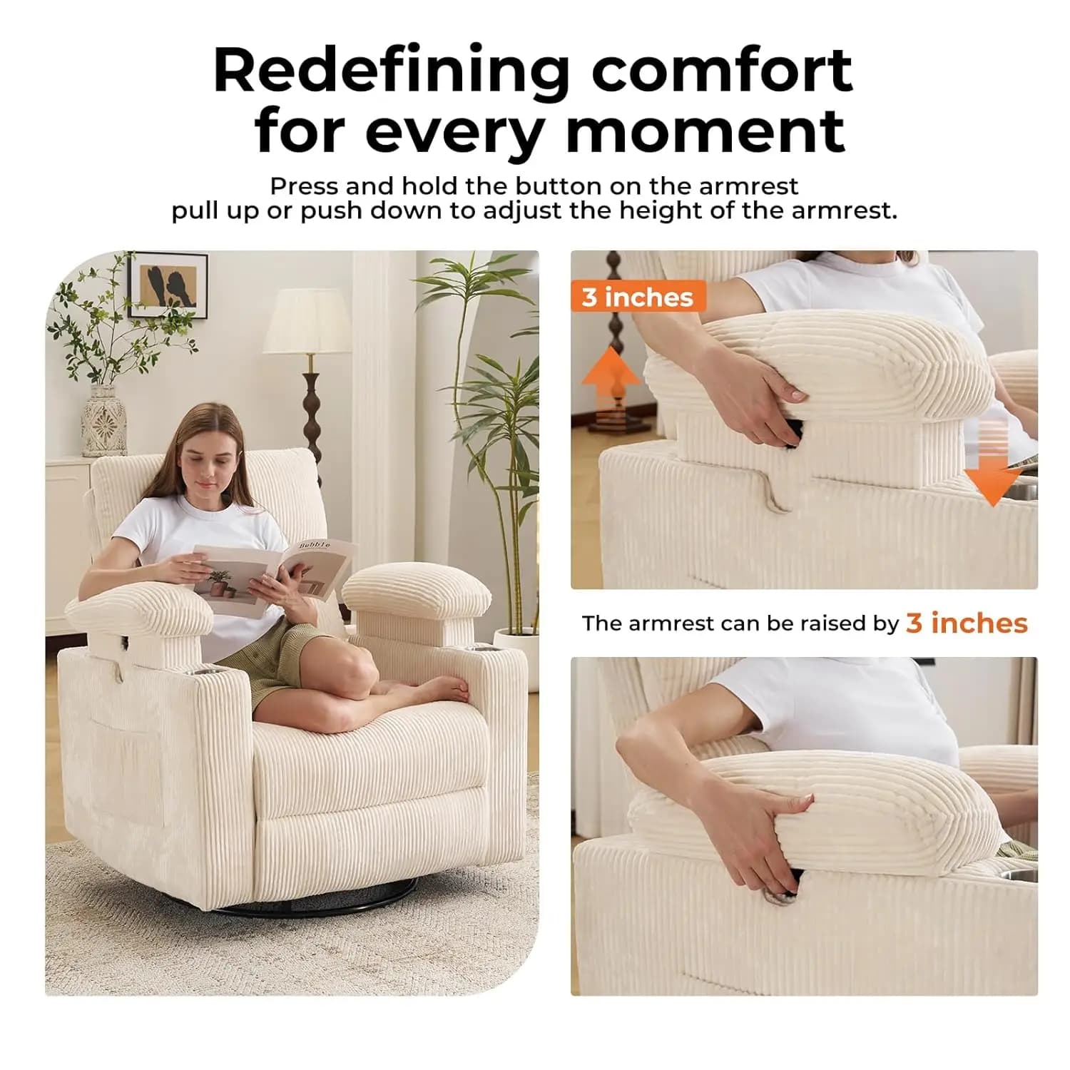 Fauteuil inclinable motorisé surdimensionné pivotant avec massage et chaleur, fauteuil inclinable pi