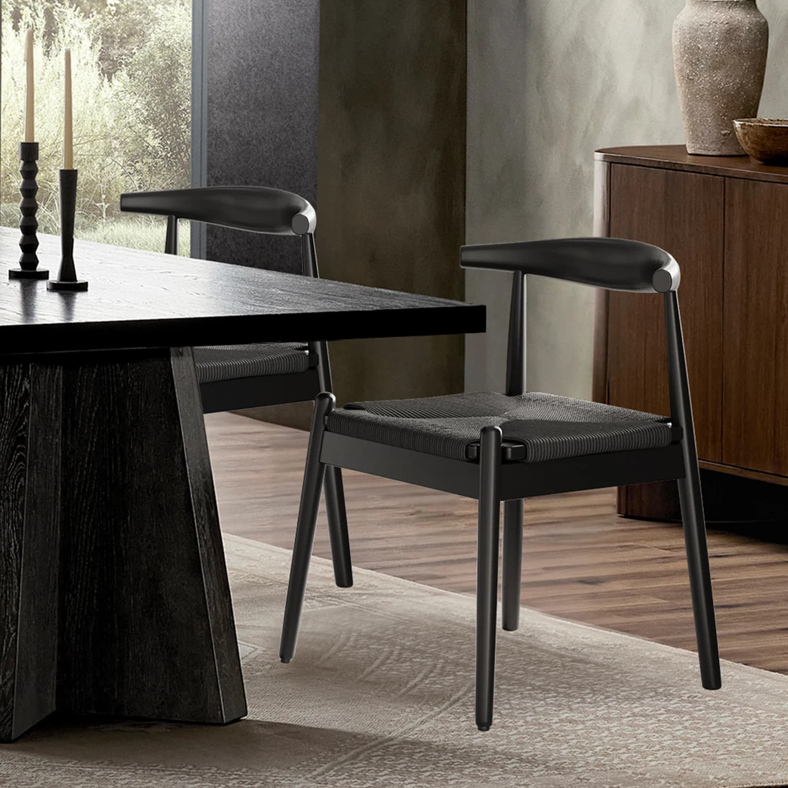 Ensemble de 2 chaises de salle à manger tissées, chaise de cuisine avec cadre en chêne massif et siè