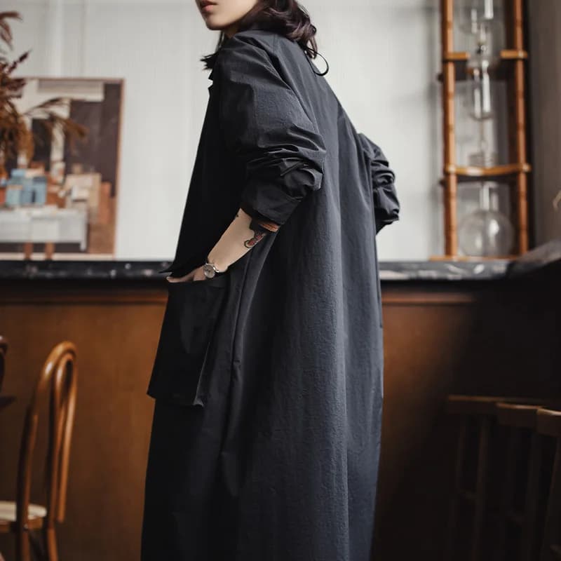 Maden – manteau Balmacaan noir pour femme, col simple boutonnage, mi-long, coupe-vent, pour printemp