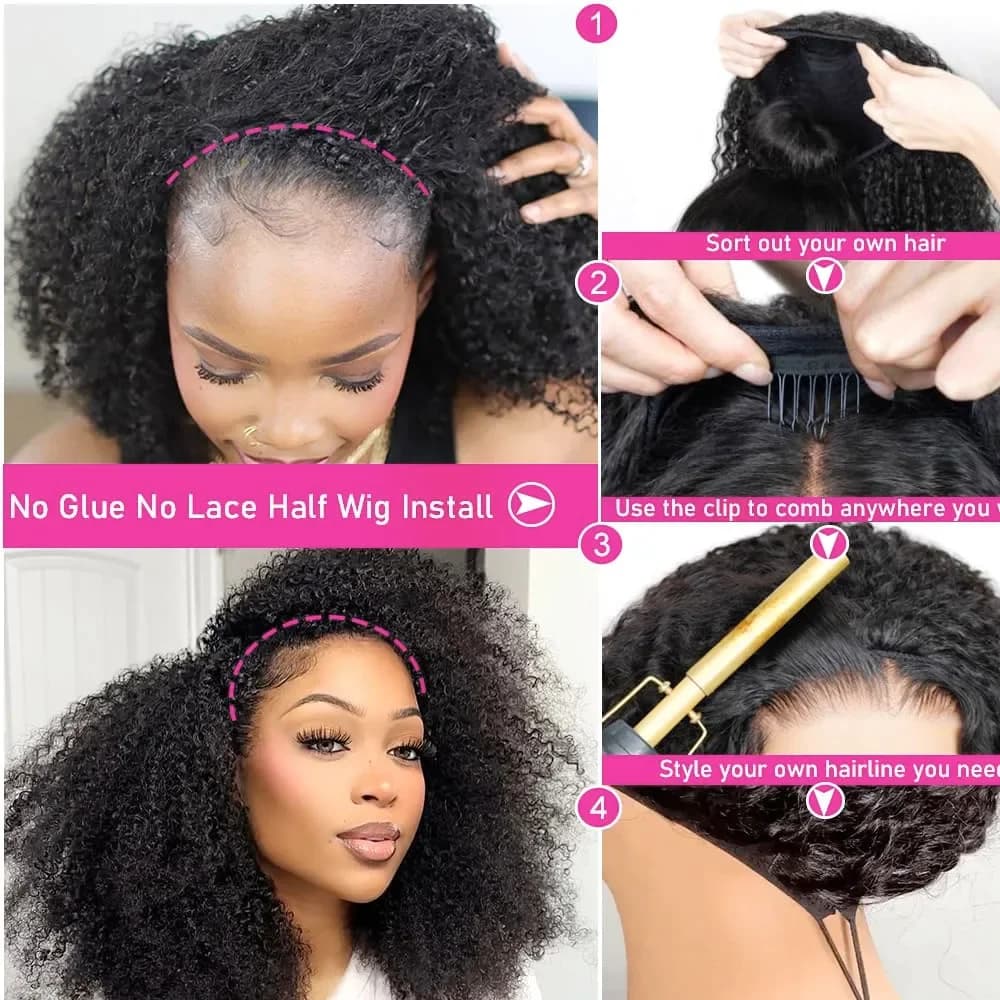 Moitié perruque cheveux humains Jerry perruques bouclées sans colle cheveux humains avec cordon sans