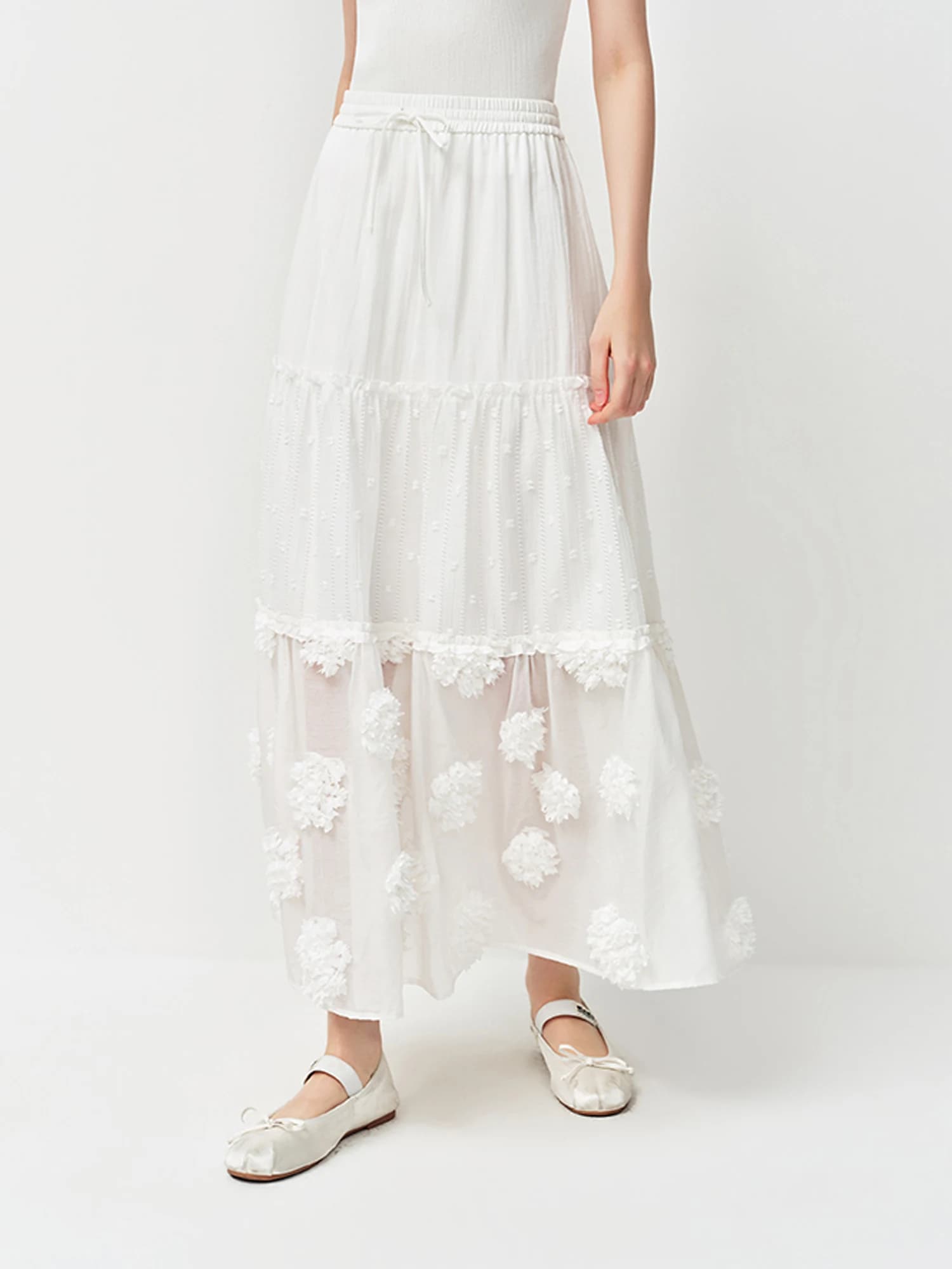 Jupe midi superposée FSLE 2026 pour femme, jupe trapèze blanche brodée de fleurs 3D pour un style ré