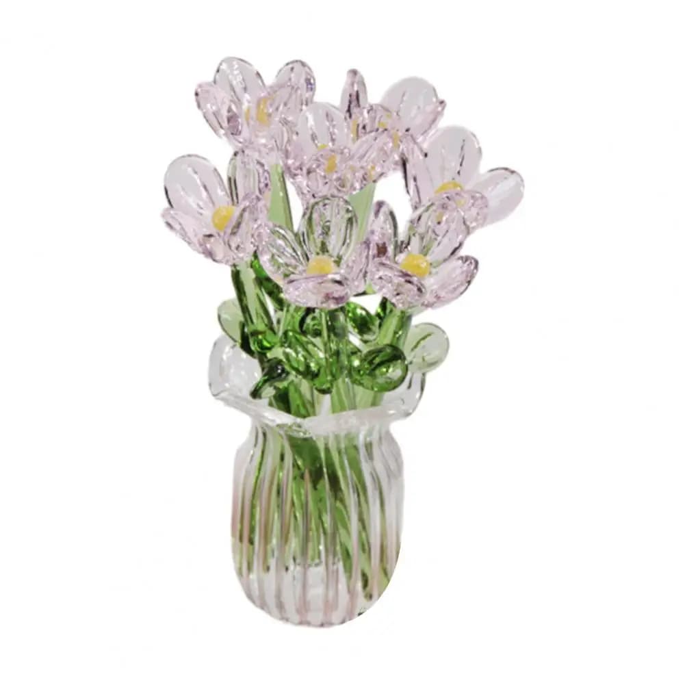 Bouquet de fleurs en verre avec vase, mini décoration florale soufflée à la main, décoration de salo