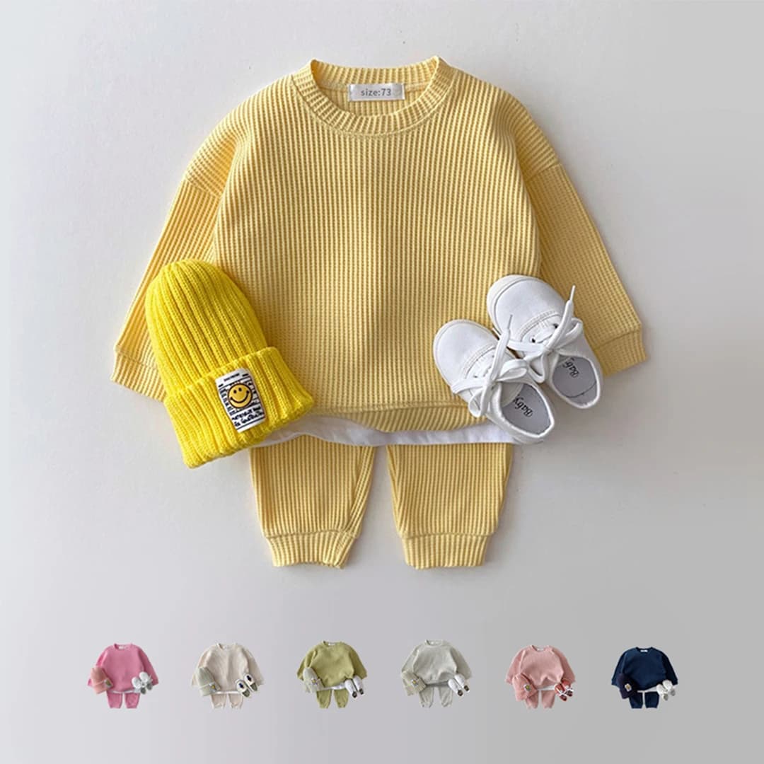Ensemble de vêtements coréens pour bébés garçons, faux deux pièces en coton gaufré + pantalon, tenue