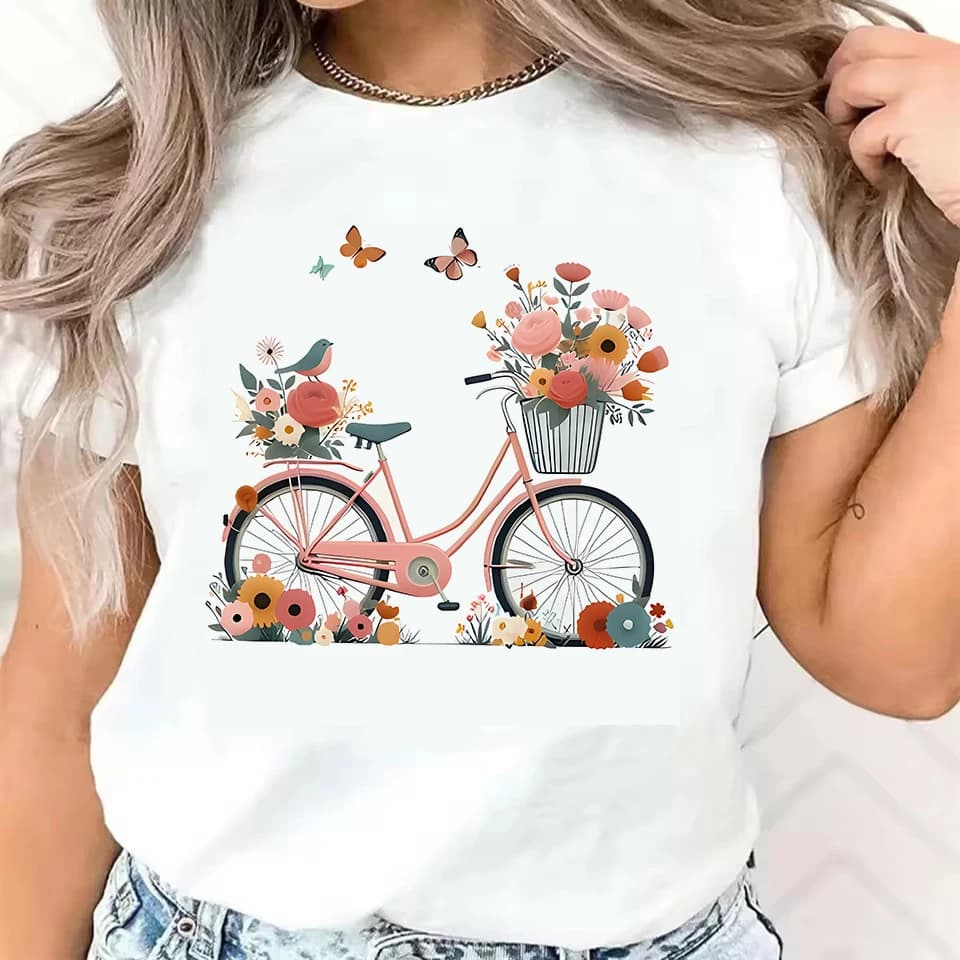 Papillon Floral avec vélo imprimé T-Shirt style décontracté imprimé graphique col rond T-Shirt print