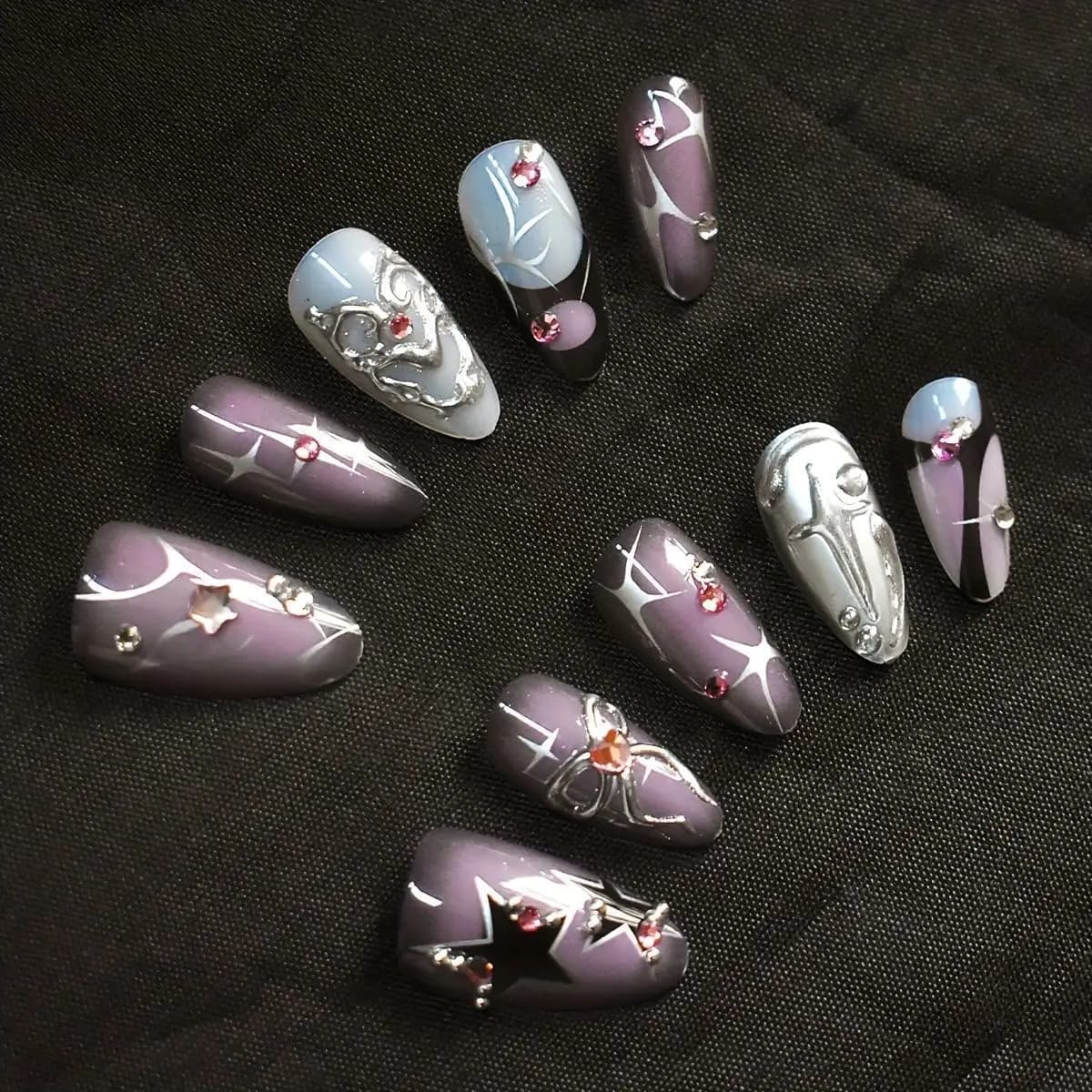 Faux ongles violet foncé, Design diamant 3d, à pression faite à la main, couverture complète, portab