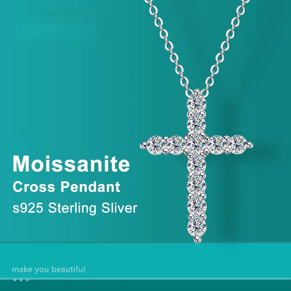 Pendentif croix Moissanite complet, chaîne originale en argent Sterling plaqué or blanc, collier fin