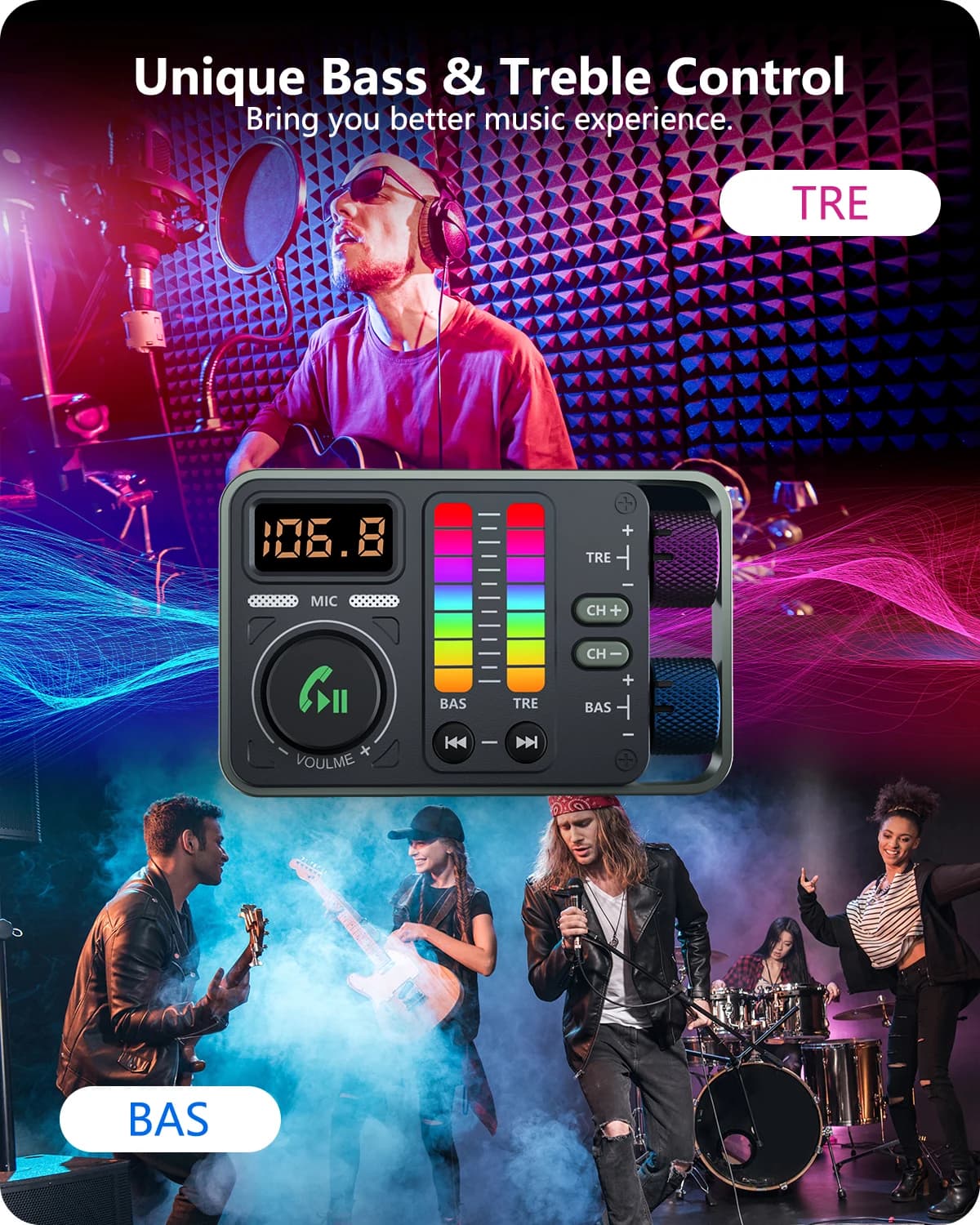 LENCENT Bluetooth 5.3 transmetteur FM de voiture, lecteur de musique haut-fi aigus et basses, charge