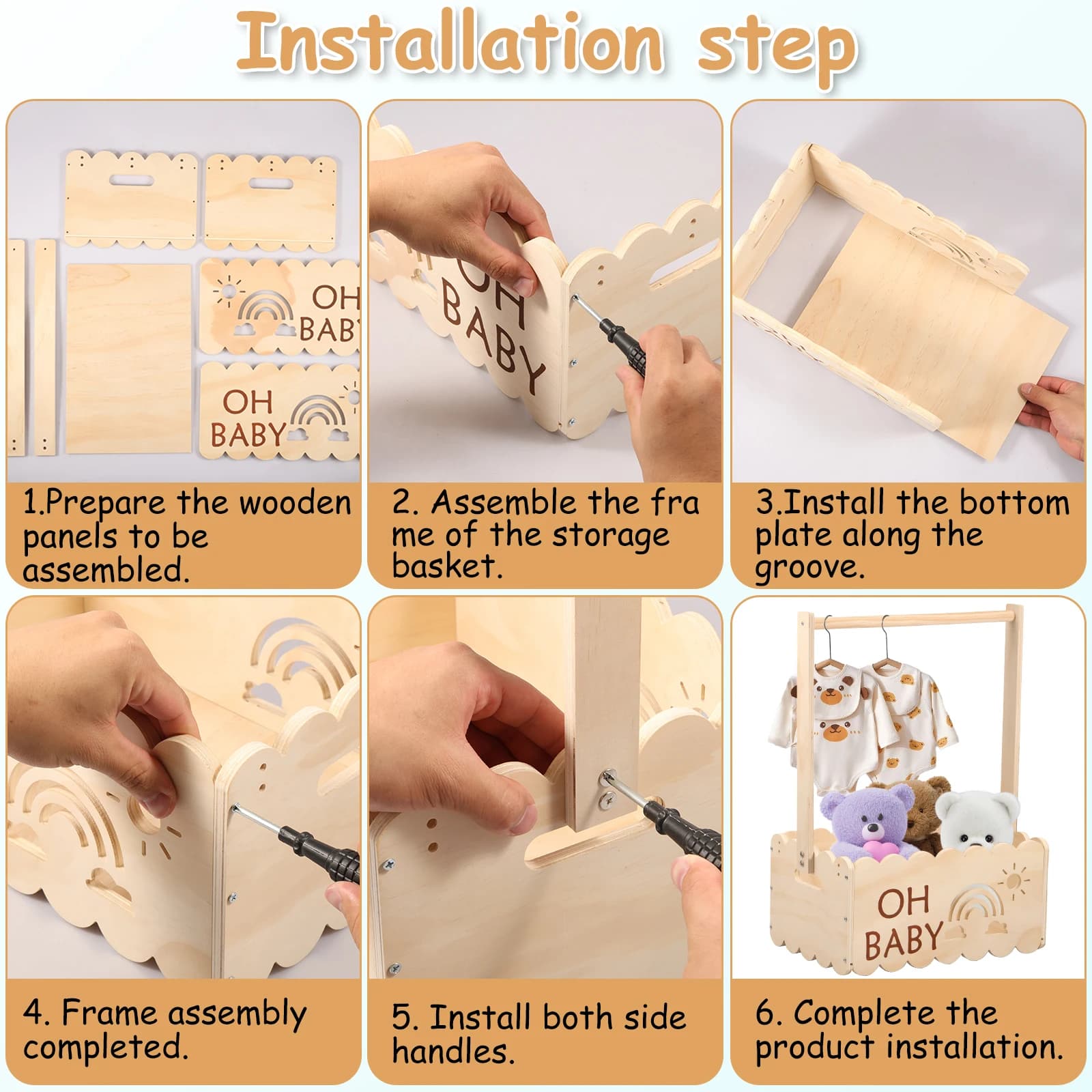 Caisse de douche en bois pour bébé, placard, panier de douche pour bébé avec poignée, panier cadeau 