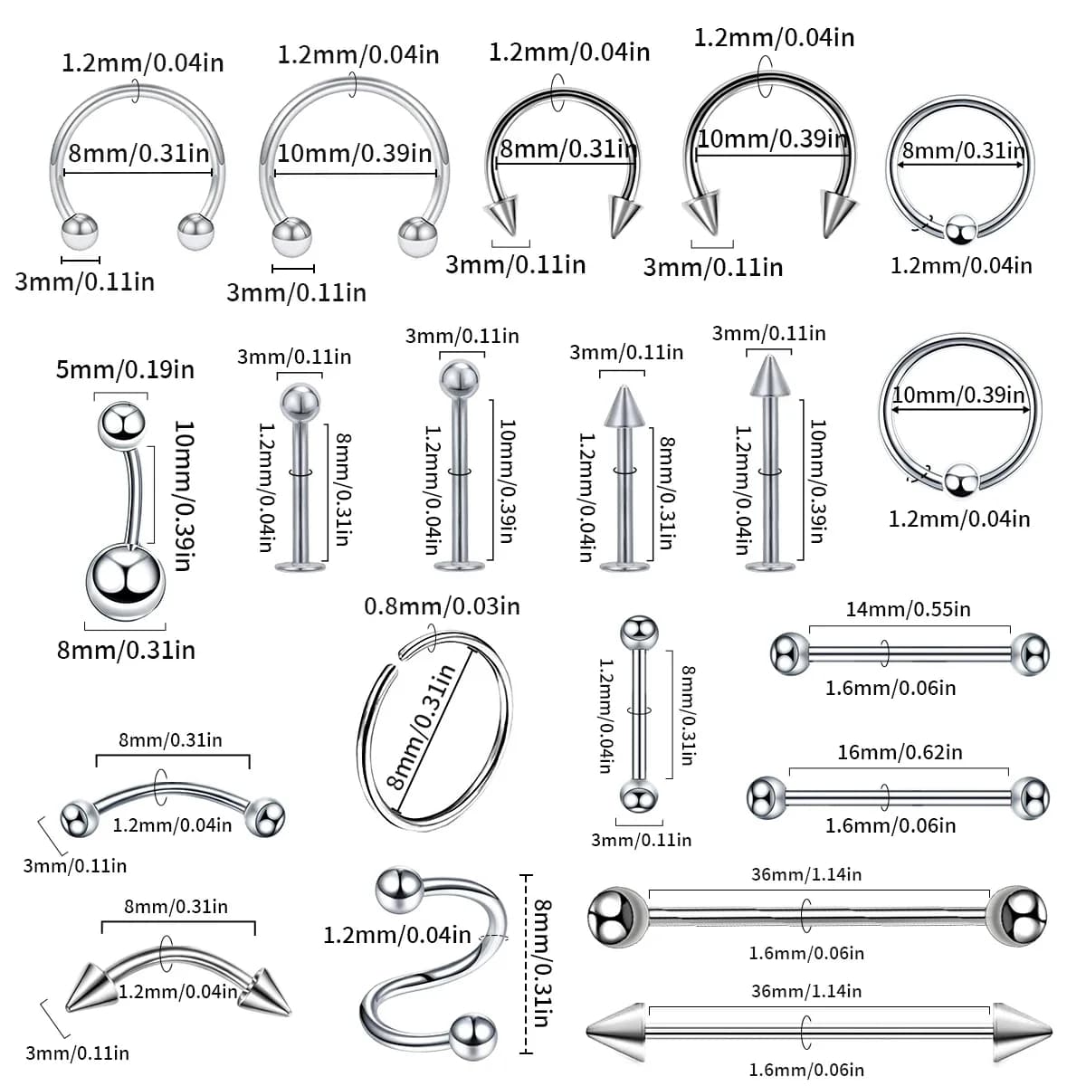 100 pièces Lot anneau de nez en acier chirurgical cerceau narine Piercing Septum anneau fer à cheval