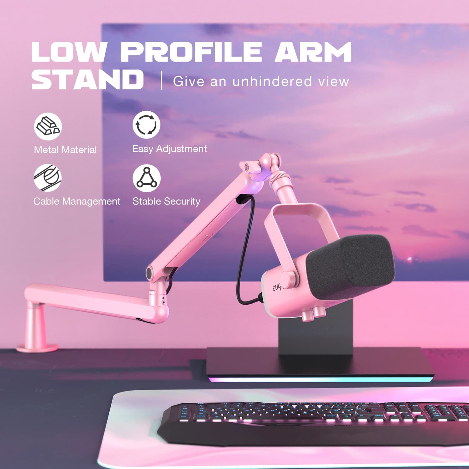FIFINE Microphone Boom à profil bas, bras de micro réglable en métal avec gestion des câbles/pince e