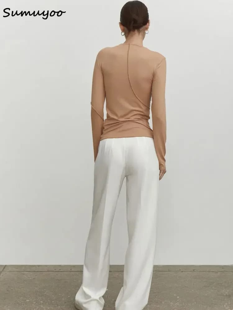 Summkoo-T-shirt Slim Fit à manches longues pour femmes, Économie Streetwear basiques, Demi-col roulé