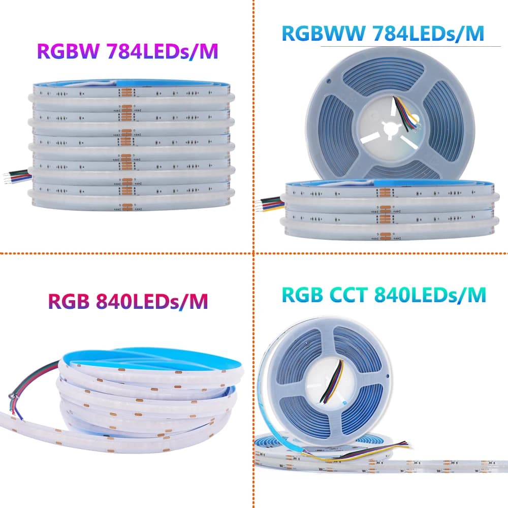 RGBCCT RGBW RGBWW RGB COB LED bande lumineuse 24V 840 784LED s/m haute densité bande Flexible réglab