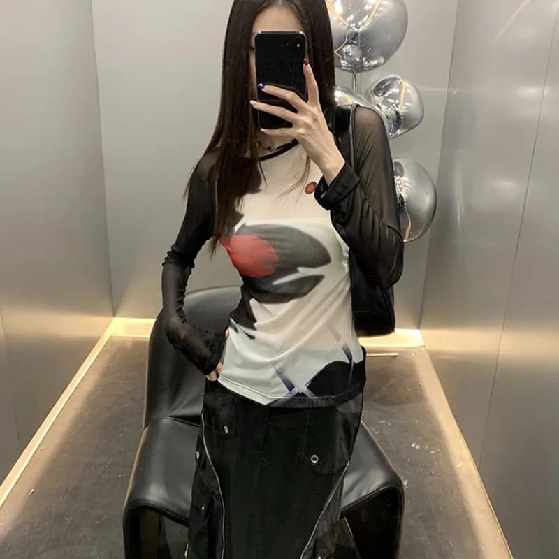 T-shirt en maille Karrcat cyber-y2k, hauts imprimés Grunge esthétique japonais Harajuku, teinture pa