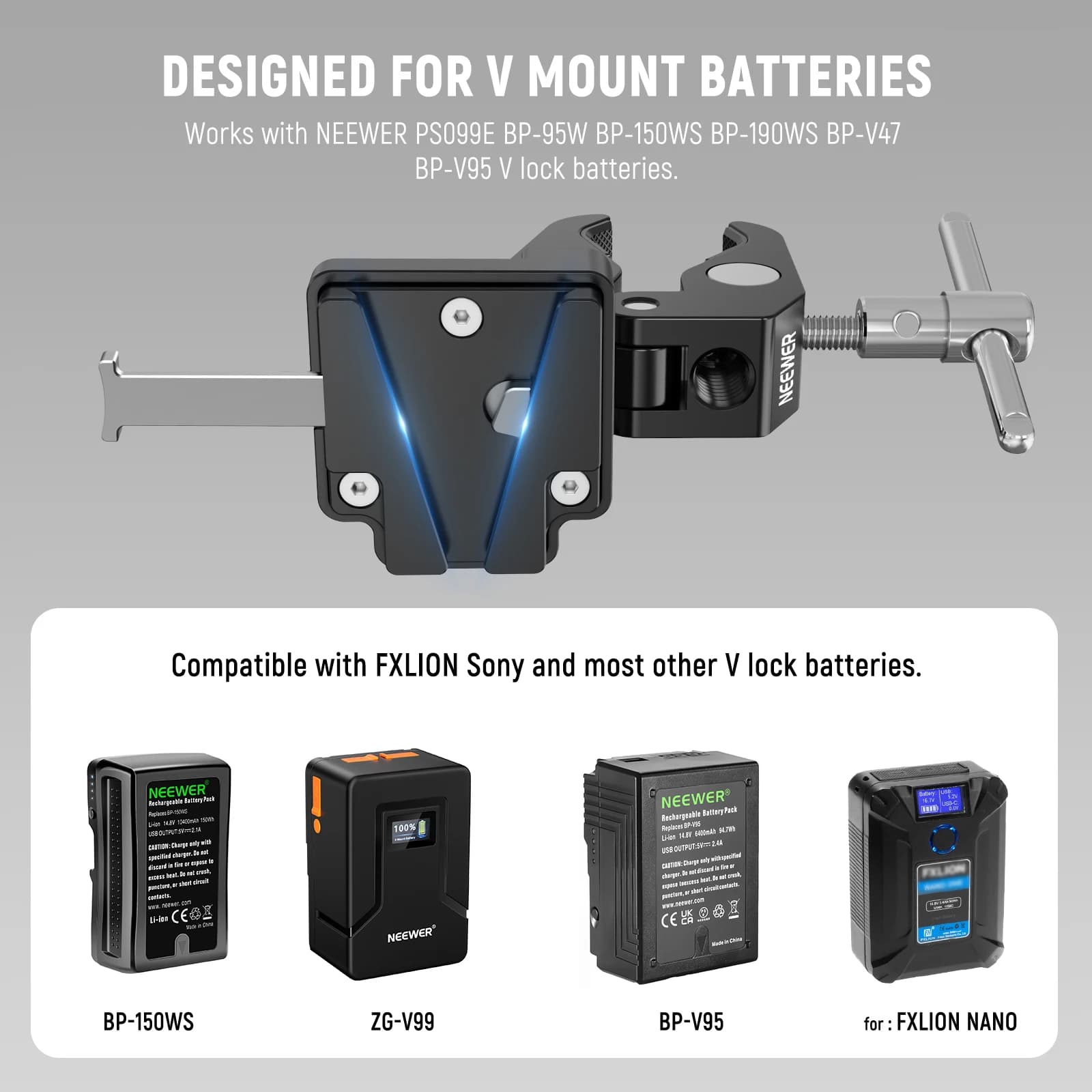 NEEWER Mini plaque de batterie à montage en V avec large pince Super crabe et verrouillage QR pour t