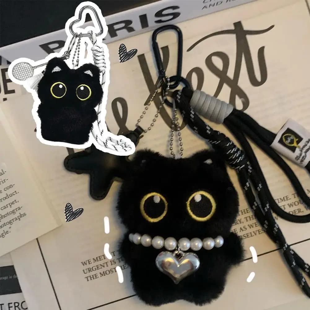 Porte-clés en peluche chat noir mignon, petit pendentif de voiture, chaton, jouet pour garçon et fil