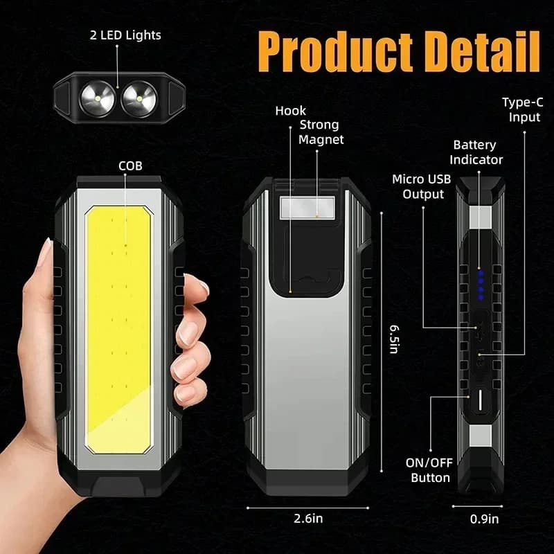 Lampe de travail LED COB aste par USB, lanterne portable avec aimant, 7 modes d'éclairage, torche d'