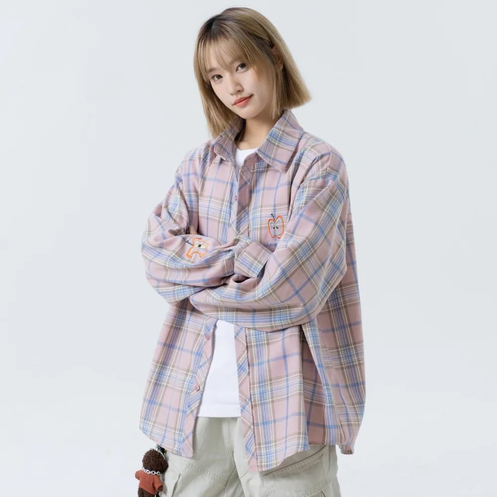 Chemisier à carreaux oversize pour femme avec broderie pomme – Blouses et chemises décontractées ten