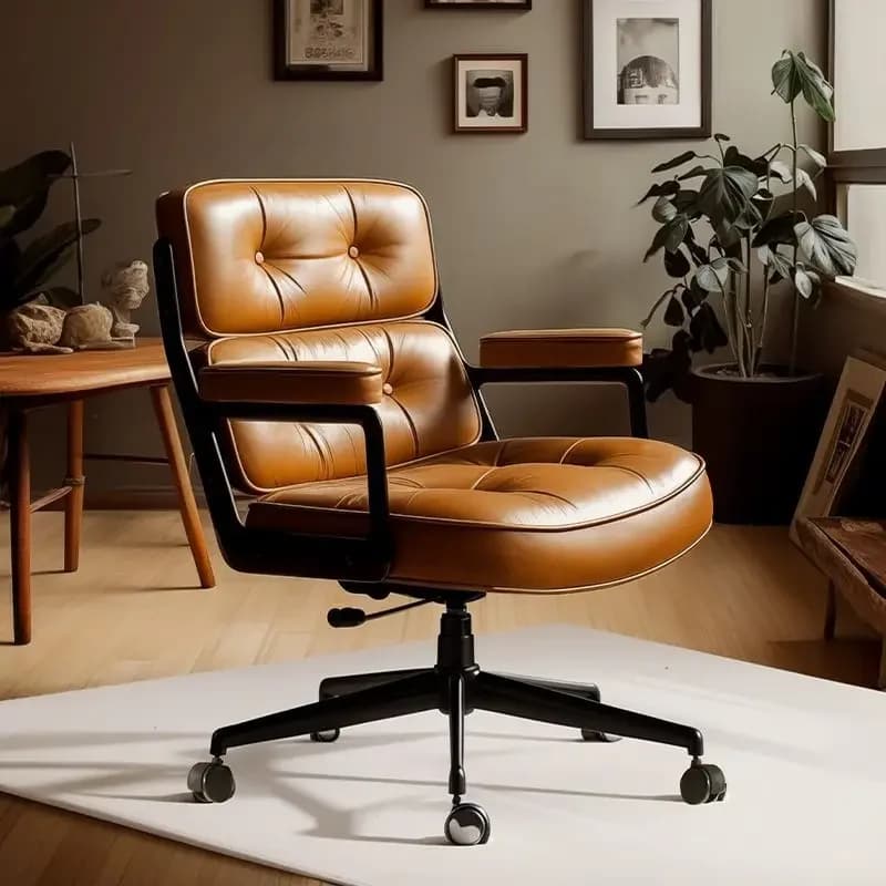 Chaise de bureau rétro en cuir, chaise de bureau pivotante inspirée du milieu du siècle pour le bure