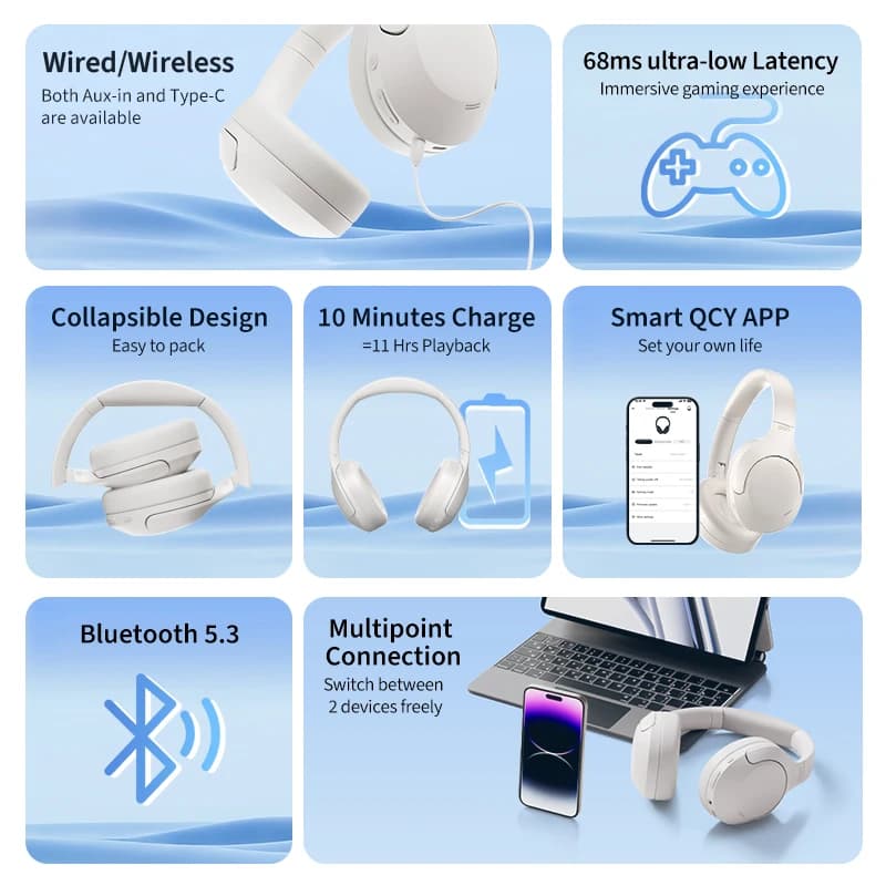 QCY-Casque sans fil H3 Lite ANC, Bluetooth 5.3, suppression active du bruit, casque sur l'oreille, p