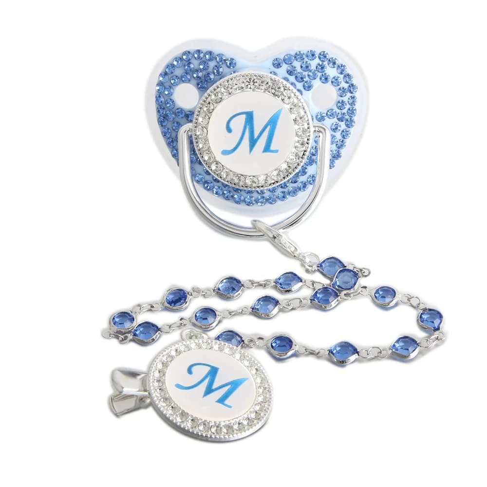 Sucette bleue scintillante pour bébé, 26 lettres, avec chaîne de perles de pierres précieuses, Clip/