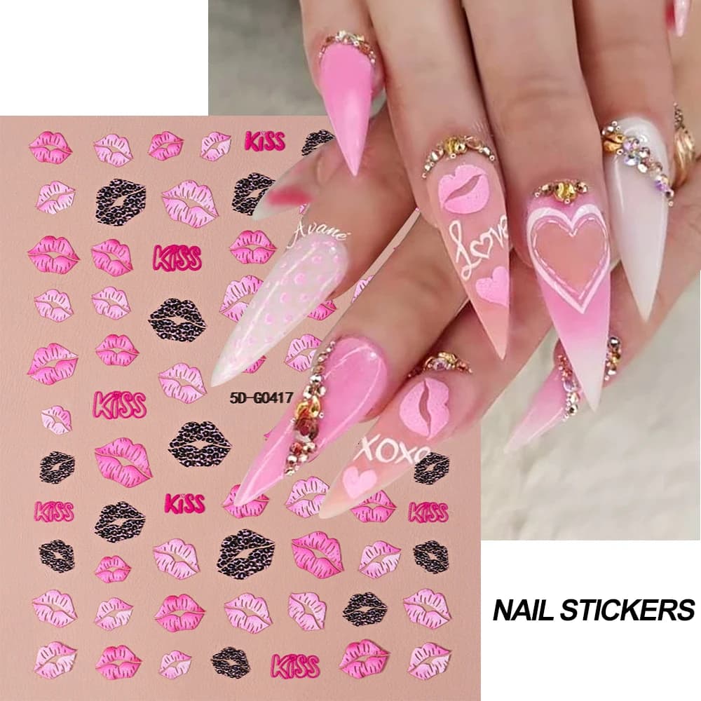 Autocollants 5D en Relief pour Ongles, Lèvres Rouges/Roses, Décalcomanies Romantiques de Luxe, Curse