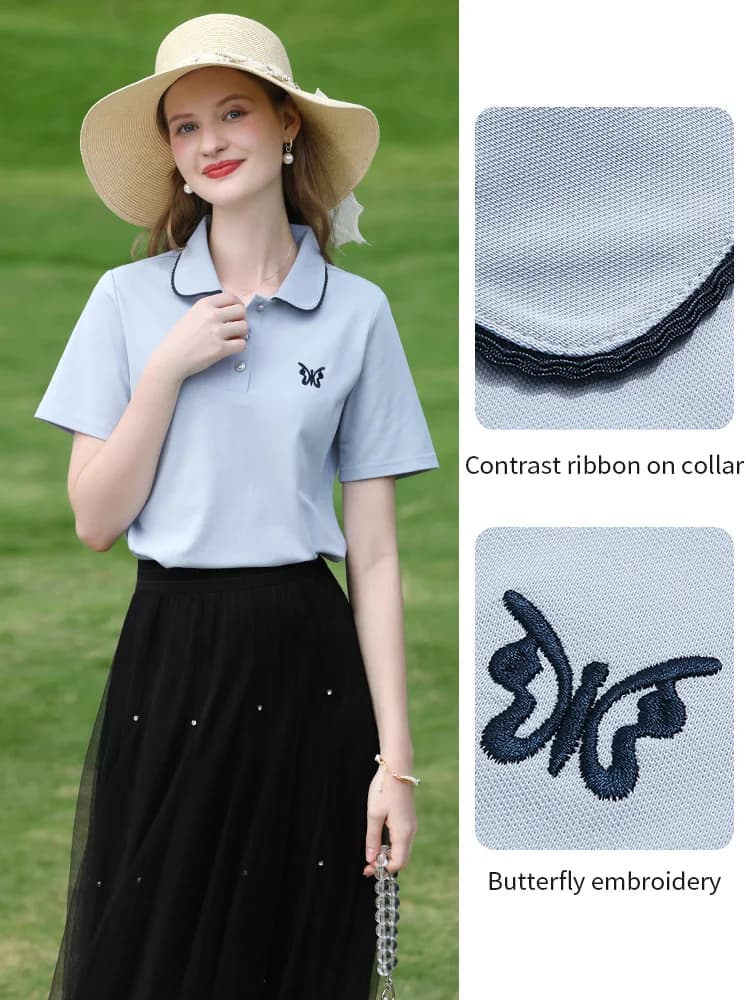 Je crois que vous T-shirt col polo bleu pour femmes été 2025 papillon brodé respirant manches courte
