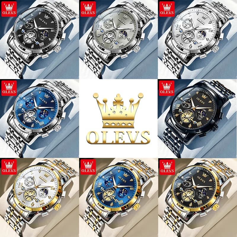 OLEVS-Montre-bracelet classique à quartz pour homme, chronographe multifonctionnel, phase de lune or