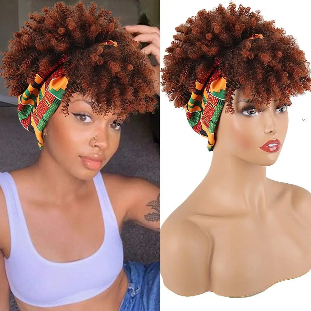 Perruque Afro bouclée crépue pour femmes, perruques synthétiques courtes avec bandeau attaché, perru
