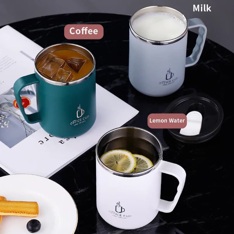 Tasse à café à double couche en acier inoxydable 500 avec couvercle et poignée en plastique, bouteil