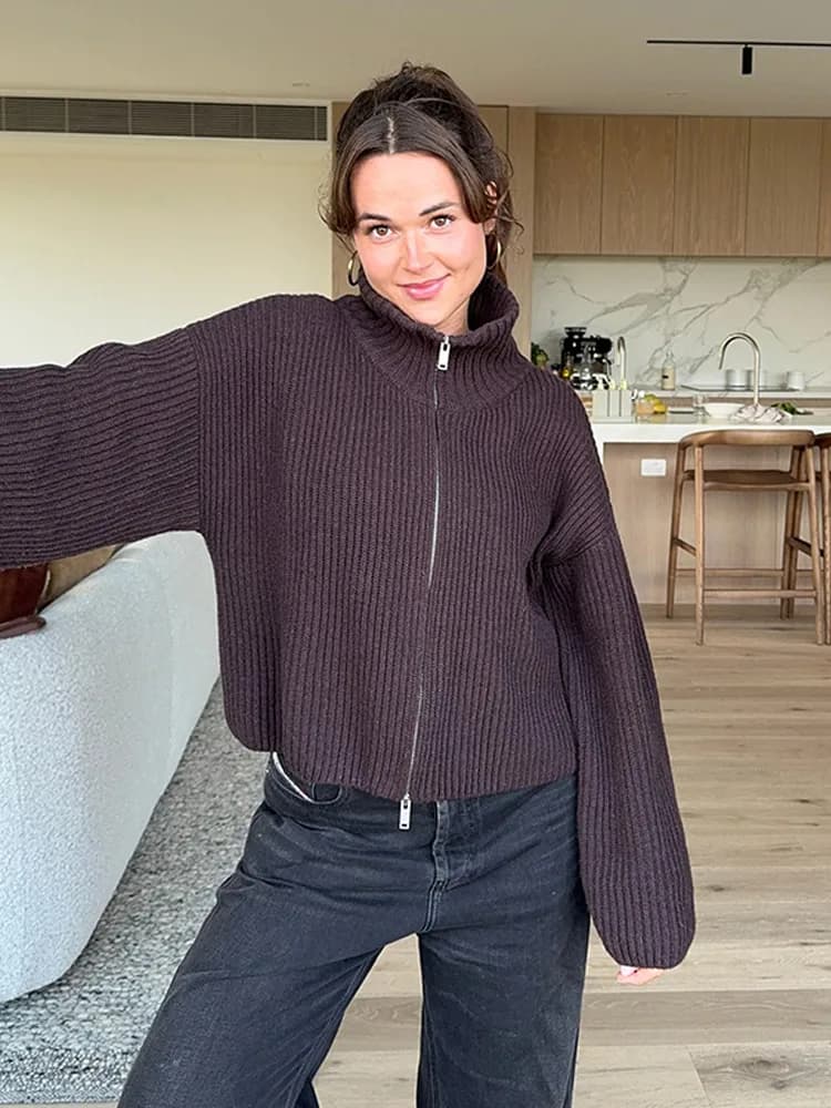Cardigan décontracté en maille rayée pour femme, avec double fermeture éclair, manches longues, col 
