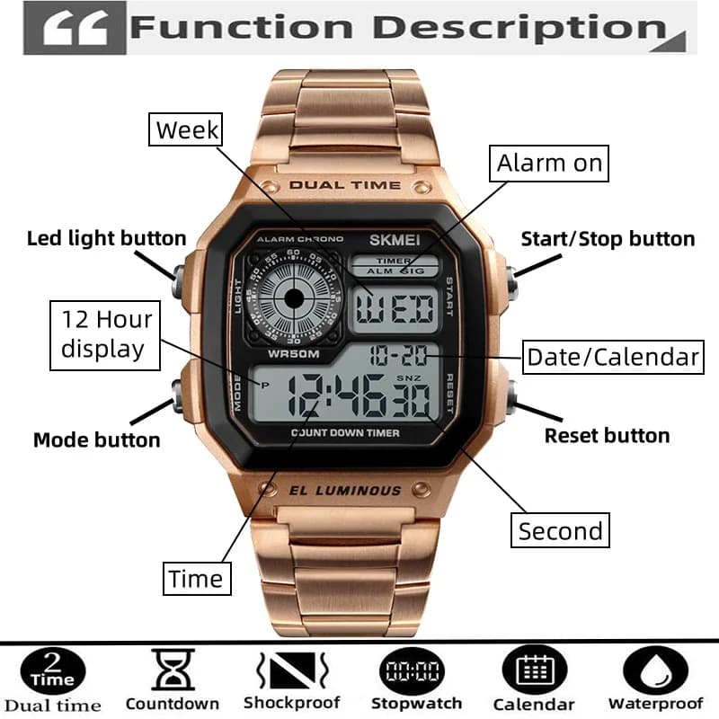 Skmei-Montre-bracelet de sport numérique pour homme, bracelet en acier inoxydable, chronographe LED,