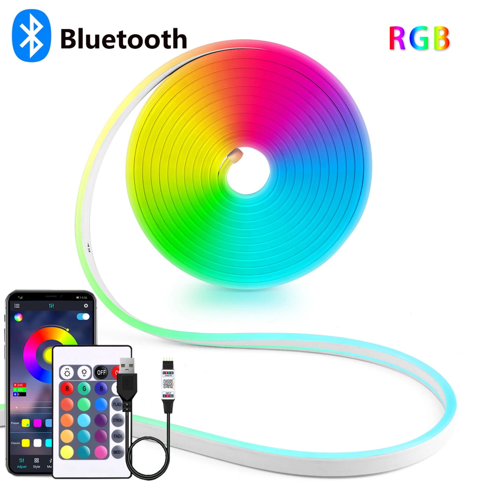 Bande Néon LED RGB USB DC5V, 1/2/3/4/5m, Étanche IP65, Application Bluetooth et Télécommande pour Éc