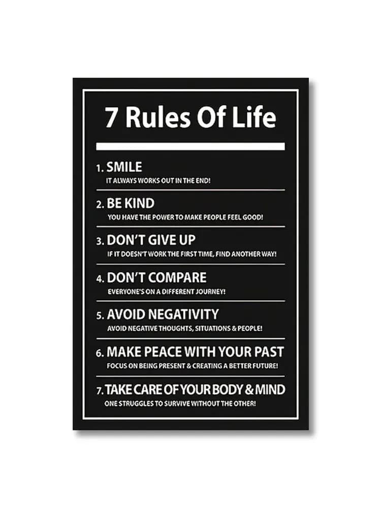 7 règles de vie: lettres inspirantes, imprimés noirs, citation de motivation, affiche en toile pour 