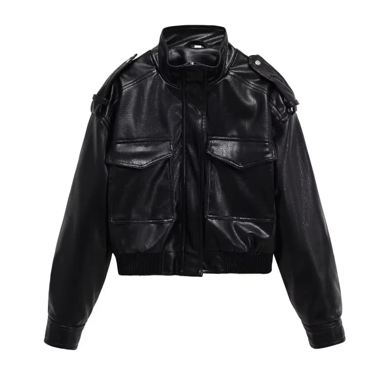 ETJ 2025 Nouvelle collection femme : veste courte moto col montant Y2K grande poche veste en simili 
