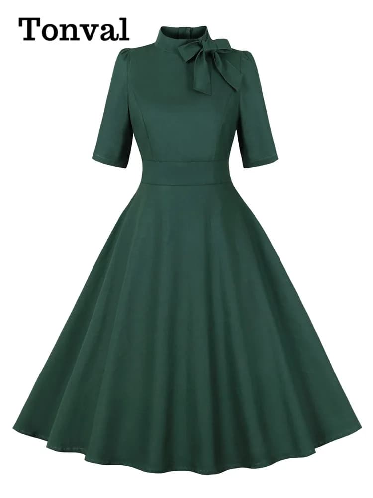 Tonval-Robe longue à col montant et manches mi-longues pour femmes, robes d'été vertes élégantes, oc