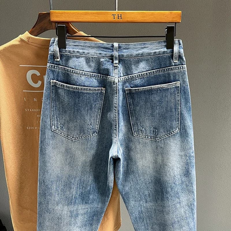 Jean Déchiré à Trous Coniques pour Homme, Denim Effiloché, Vintage, Décontracté, Bleu, Nouvelle Coll