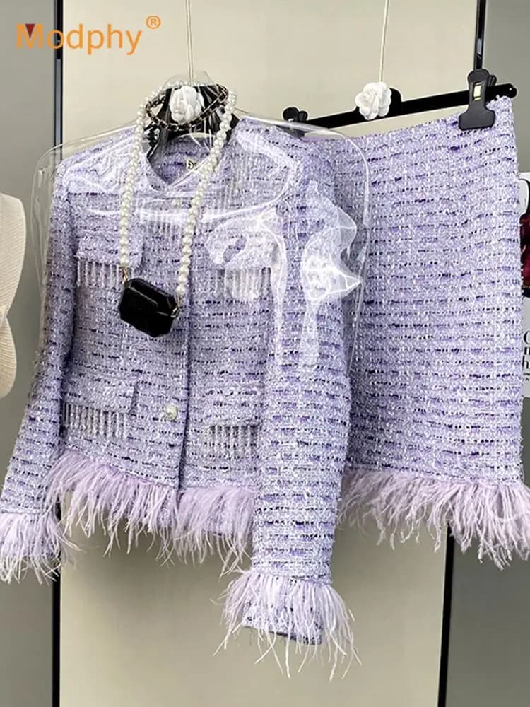 Violets élégants en tweed pour femmes, veste à pompon perlé en plumes à simple boutonnage, short tai