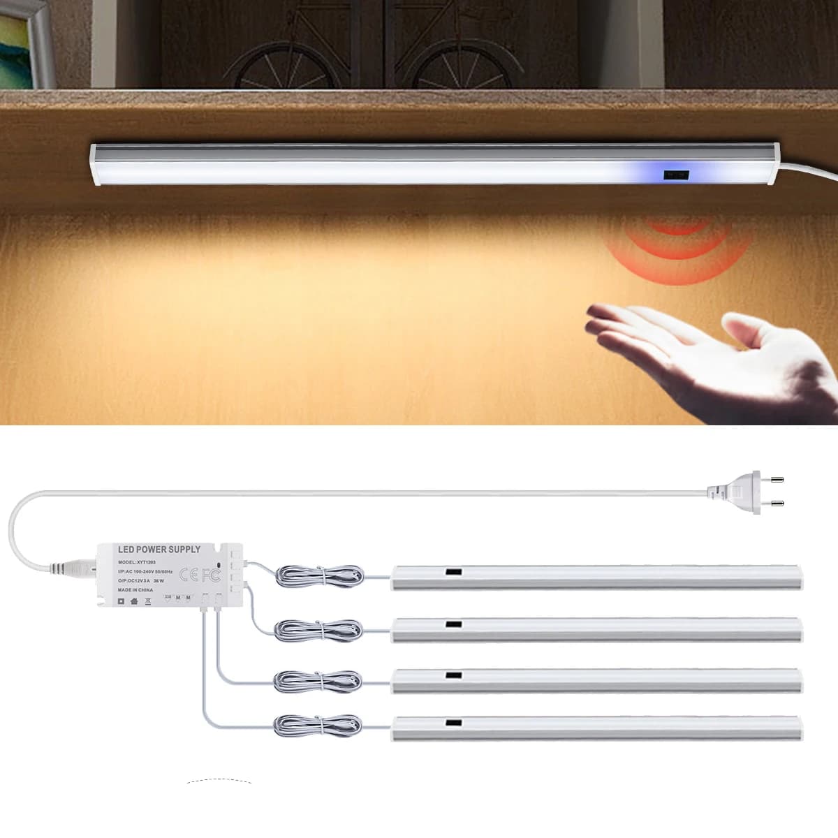 Prise ue 220V 1 ensemble veilleuse avec capteur de mouvement armoire lampe cuisine barre lumineuse L