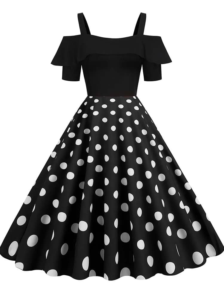 Robe de soirée Vintage élégante pour femmes, épaules dénudées, à pois, à volants, ligne A, robes mi-