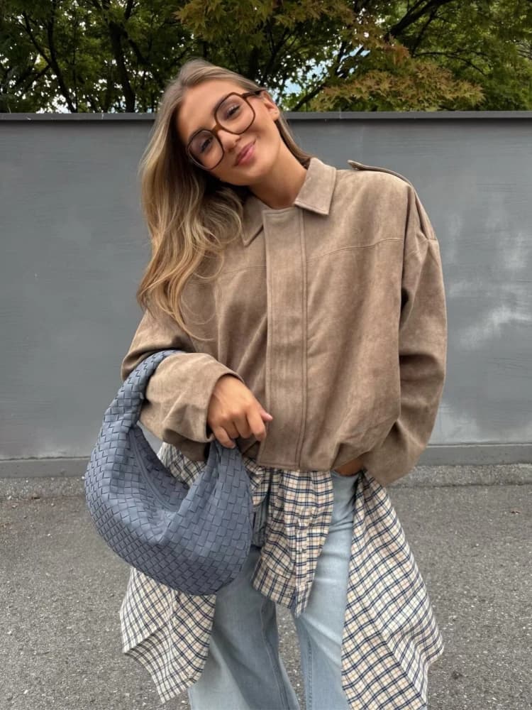 Veste en daim kaki pour femme, ample, décontractée, col rabattu, fermeture éclair, manteau épais, vê