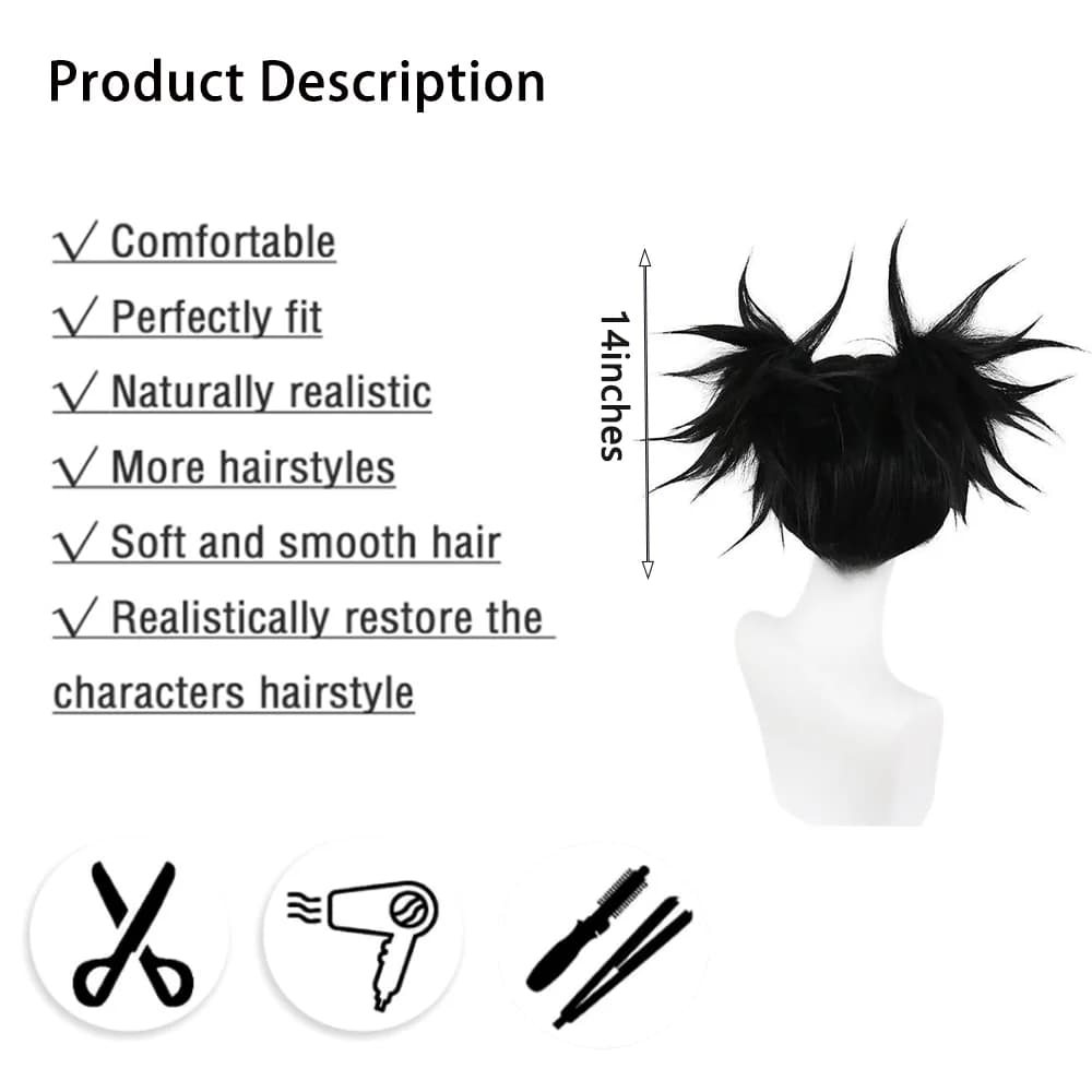 Perruque synthétique de Cosplay Anime Jujutsu Kaisen Choso, 14 pouces, Double queue de cheval noire,